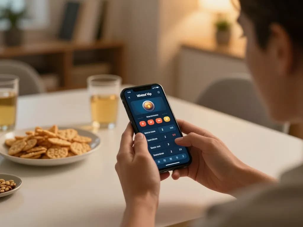 Engaging in sports betting through the Winbd Vip app on a smartphone in a cozy home setting.