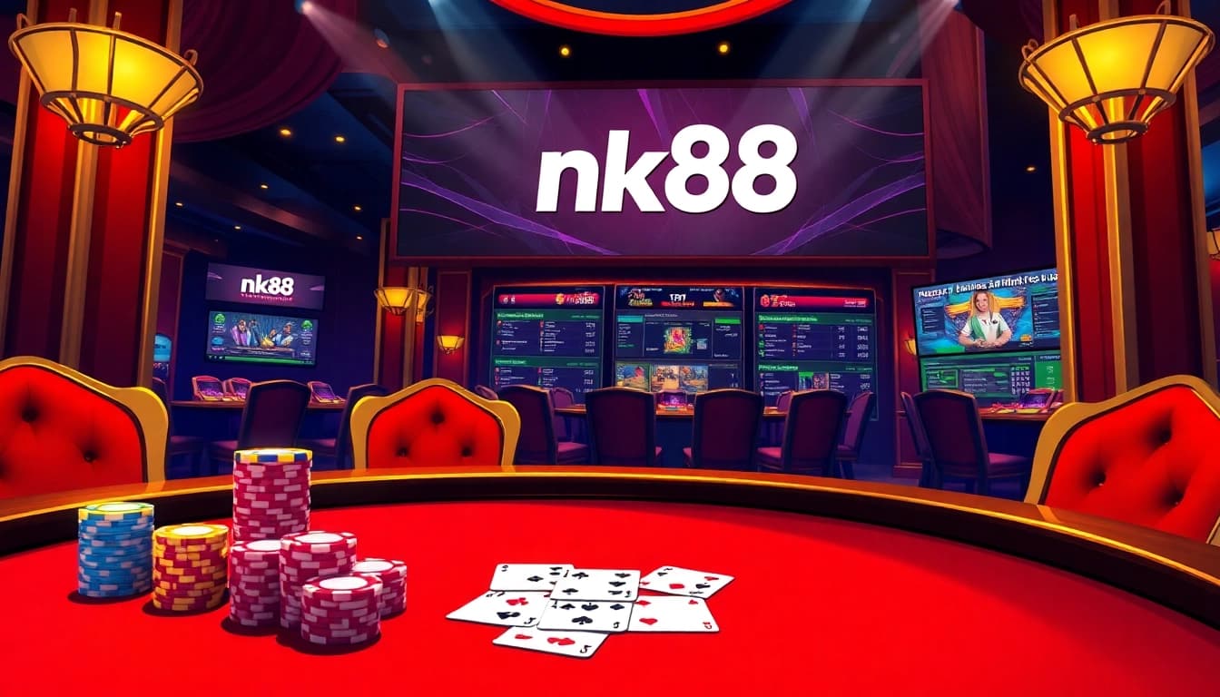 Exciting nk88 casino scene with poker table, vibrant chips, and live betting screens.