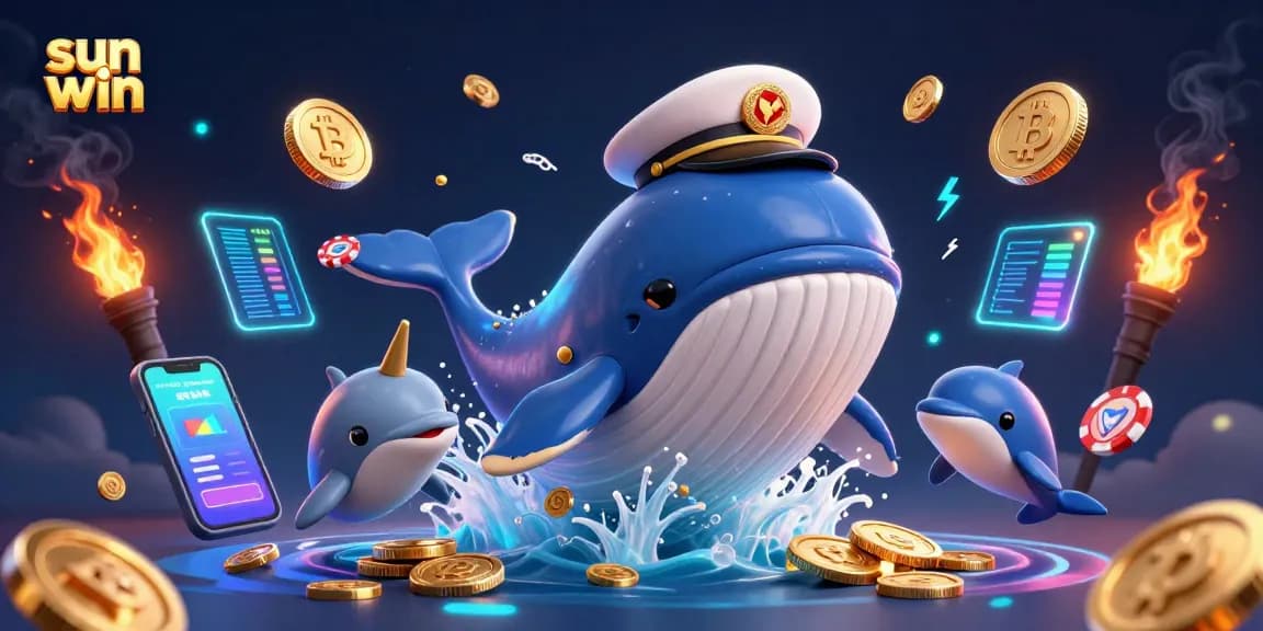 Join the sun win adventure with a whimsical whale and dolphins celebrating with poker chips.