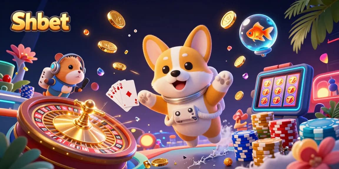 Experience Shbet's lively space casino with an astronaut corgi, golden coins, and vibrant gaming elements.
