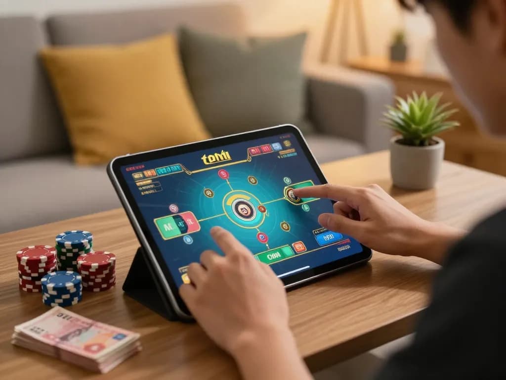 Player engaging in tài xỉu online gameplay on a tablet in a cozy living room