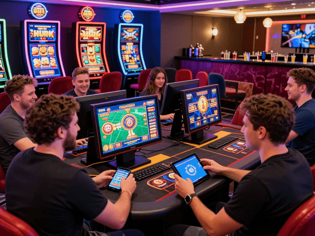 Enthusiastic players engaging at vibrant non UK casinos, enjoying diverse online gaming experiences