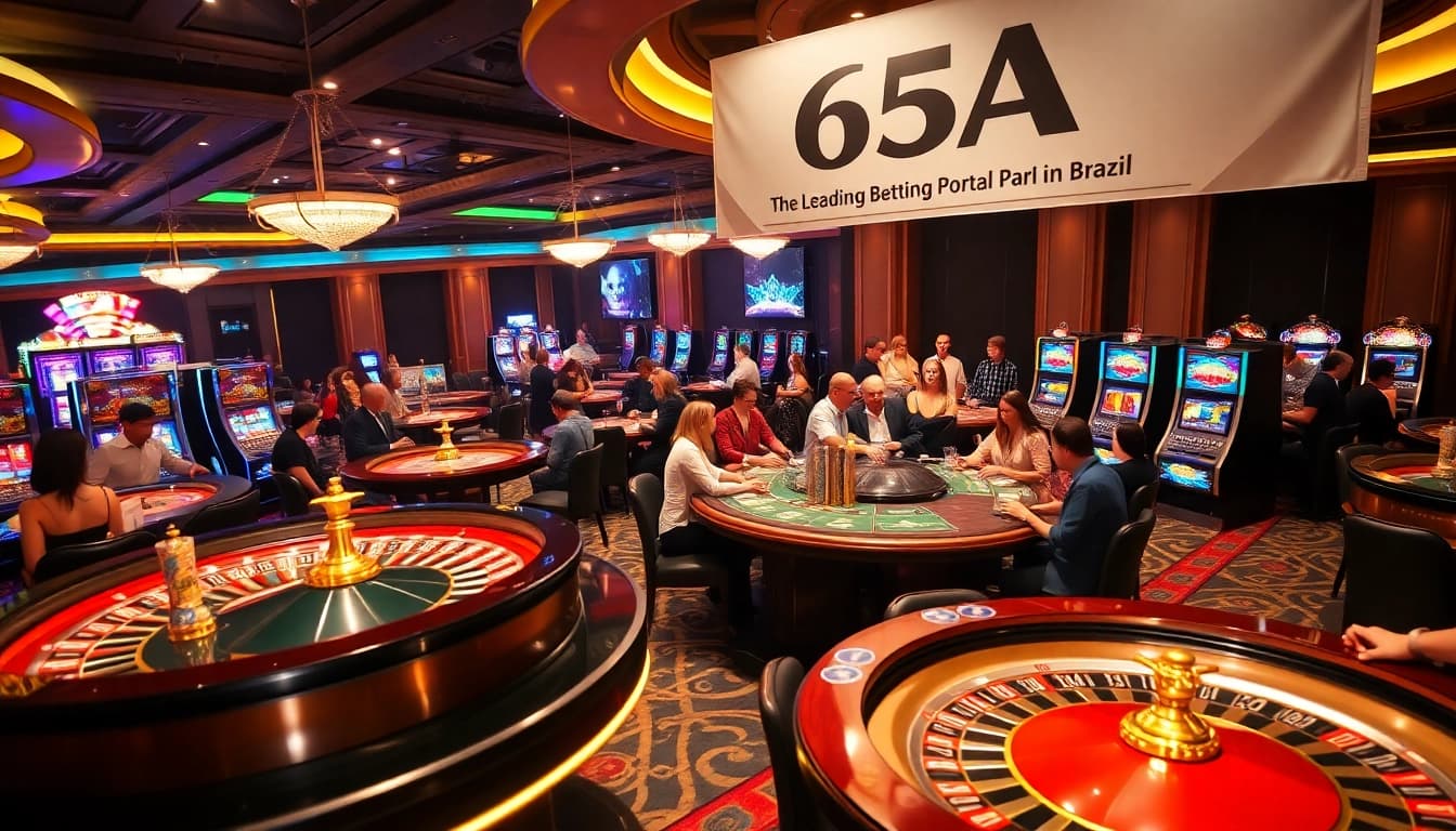 Players enjoying a thrilling experience at 65A casino, featuring vibrant tables and slot machines.