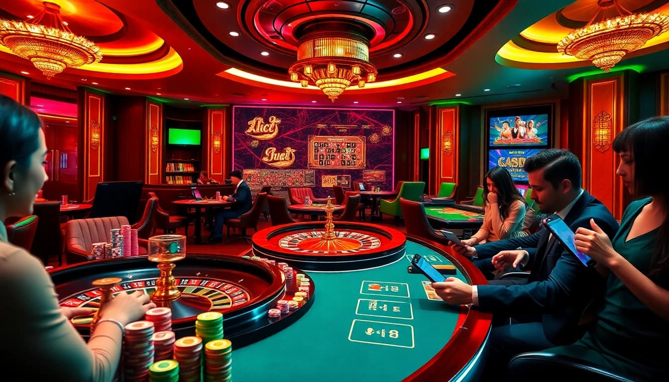 A vibrant online casino scene showcasing players engaged in games on hz88mie.com with roulette and poker elements.