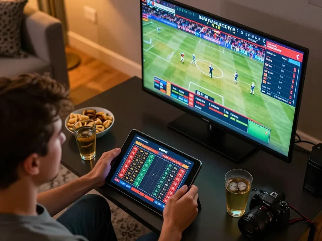 Engaging sports betting action with onbet interface displayed on tablet, person placing strategic bets.