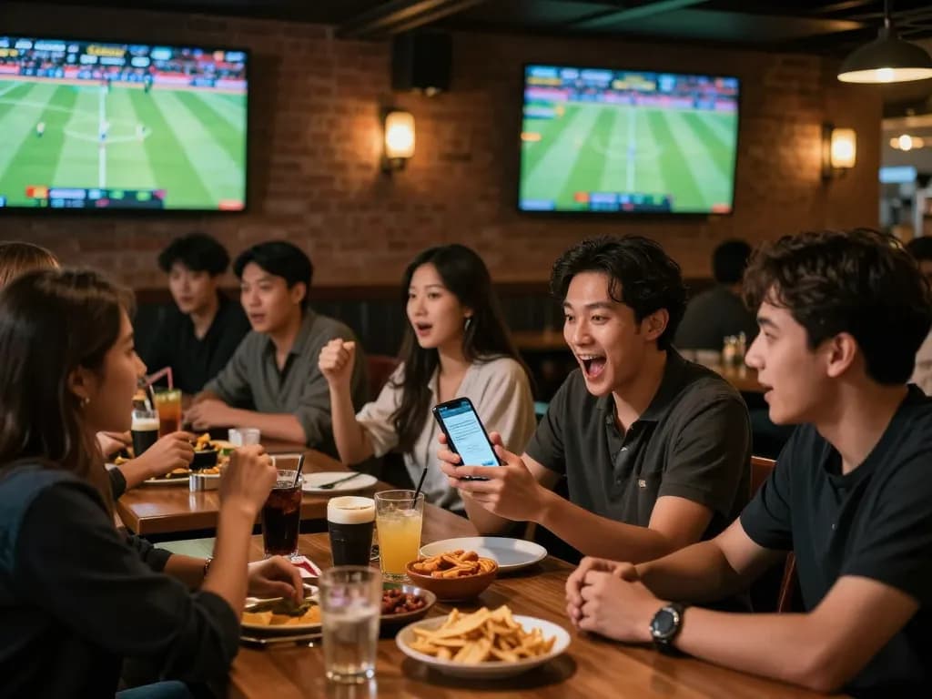 Engaged gamblers discussing kèo nhà cái while watching live sports at a bar.
