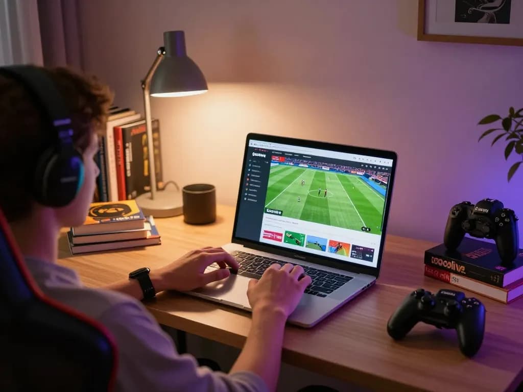 Socolive user engaged in live sports betting on laptop from home, showcasing responsible gaming.