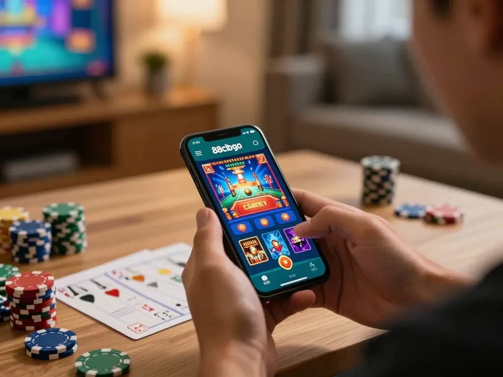 Player engaged in online gaming using 88clbgo app on smartphone, surrounded by gaming notes and chips.