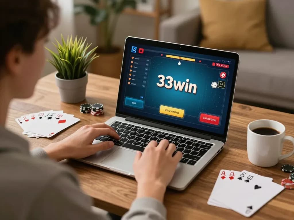 Engaged player using 33win platform for online poker in a cozy home setup.