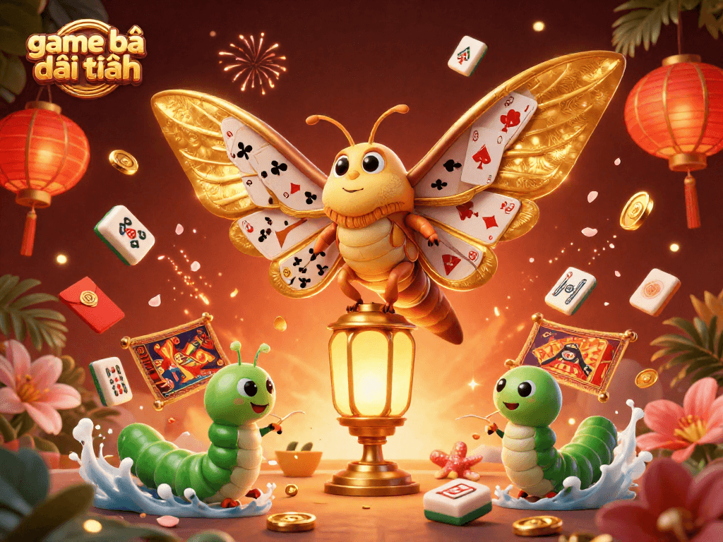 Engaging scene depicting game bài đổi thưởng with a vibrant moth and lively casino elements in a captivating 3D illustration.