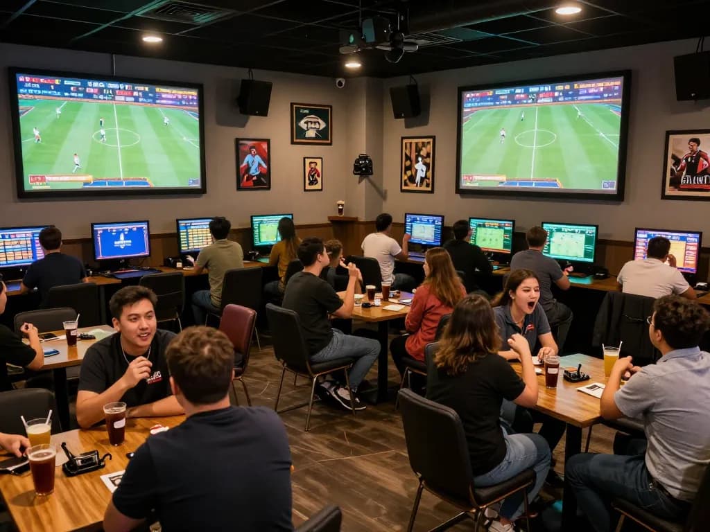 Bsport players strategizing bets in an engaging sports betting venue atmosphere.