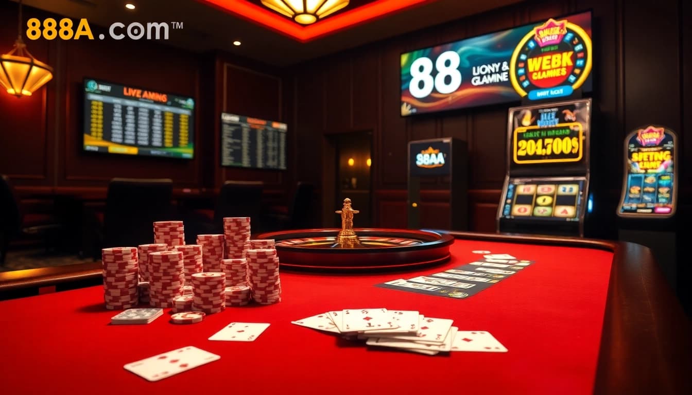 88AA COM showcases a vibrant online gambling environment with casino tables, chips, and thrilling gameplay elements.