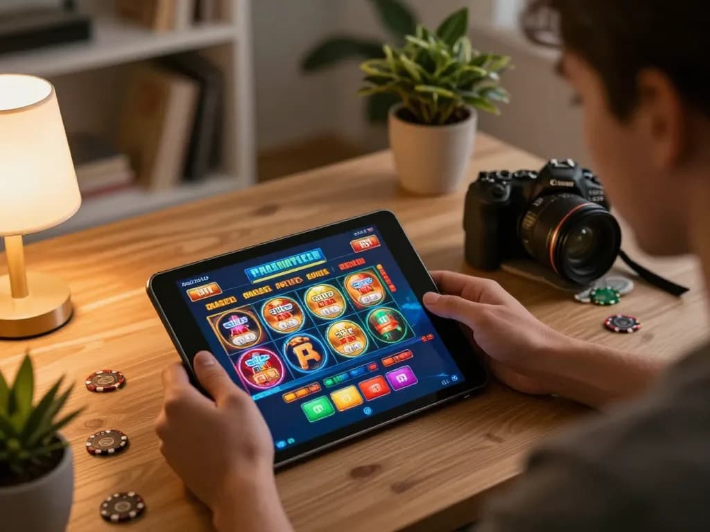 Engaged user enjoying online gaming with nk88.com on a tablet surrounded by a cozy home setting