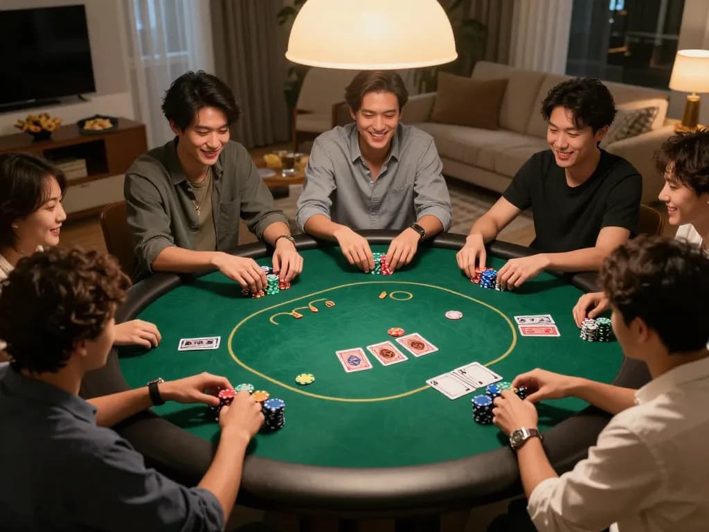 Friends enjoying a vibrant poker night with chips in front at co 88 table, laughter and strategy intertwined.