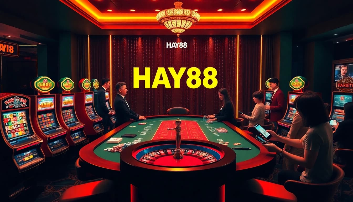 HAY88 casino excitement with lavish tables, dealers, and vibrant slot machines.