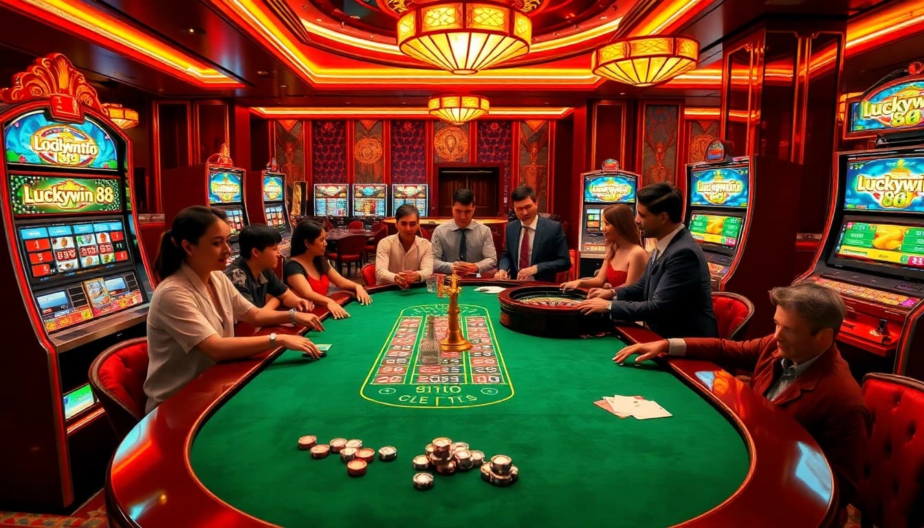 Luckywin 88 showcasing a luxurious casino scene with players at poker and roulette tables.