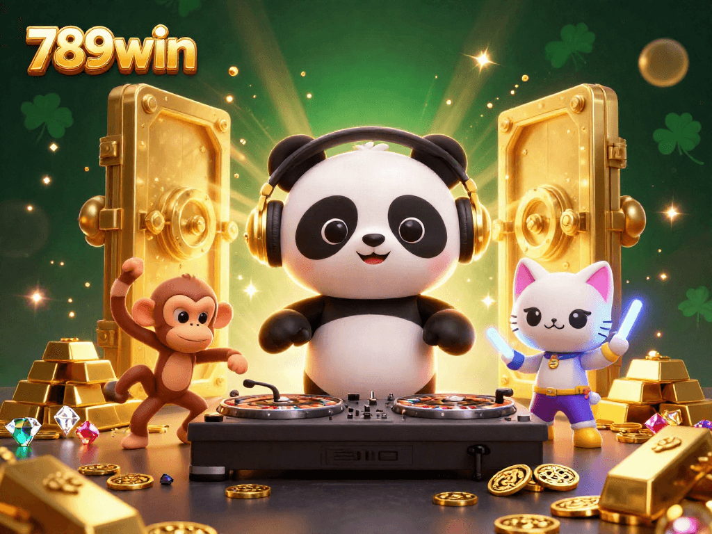 Experience the excitement of 789win with vivid 3D characters celebrating on a vibrant casino-themed dance floor.