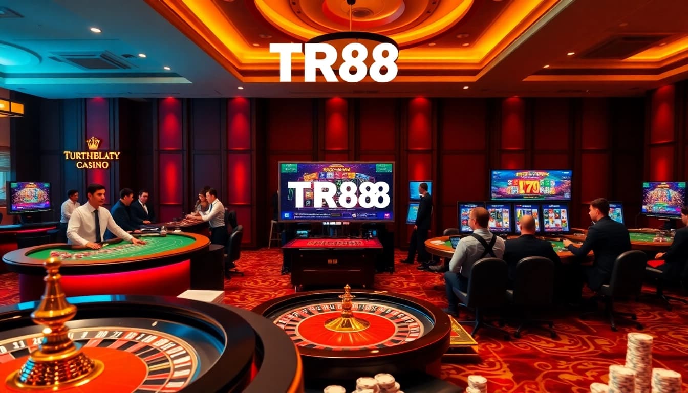 TR88 players enjoying a luxurious online casino experience with poker and roulette tables.