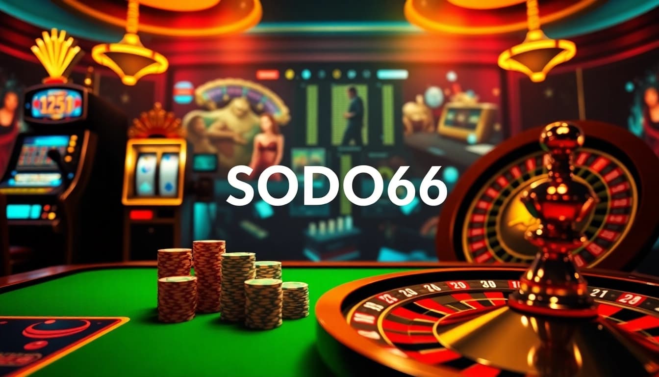 SODO66 engaging online gambling scene with vibrant casino tables, poker chips, and roulette wheel.