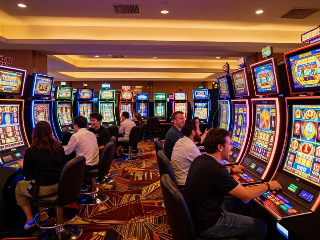 Players enjoying the vibrant atmosphere at U888 slot machines, celebrating wins in a colorful casino setting.