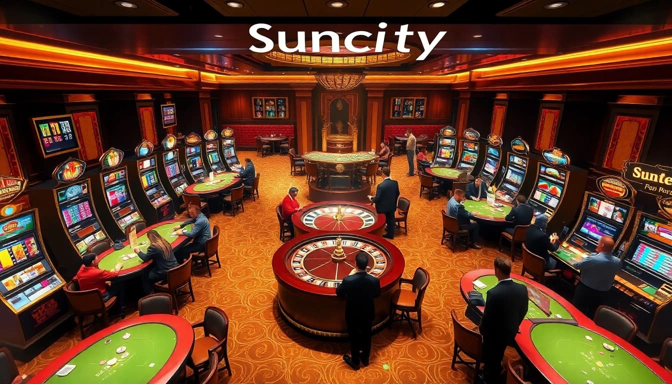 SUNCITY casino scene with players at blackjack tables and vibrant slot machines.