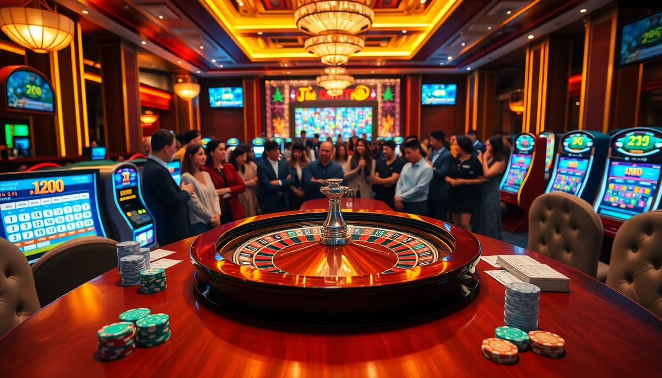 Xổ số 8KBET lottery event showcasing exciting results with players enjoying a vibrant casino atmosphere.