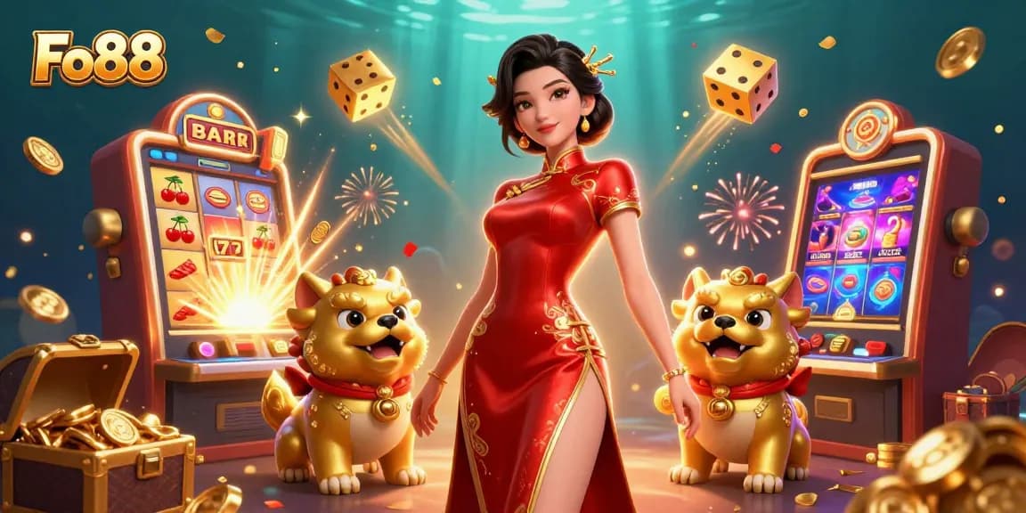 Win big at Fo88 with an Asian-themed casino illustration showcasing vibrant slot machines and festive elements.