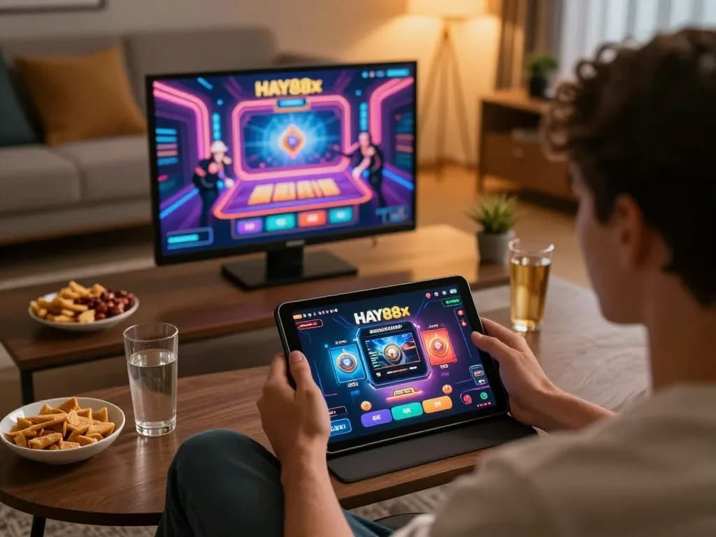 Engaging in HAY88x online gaming with tablet showing lively casino interface and cozy atmosphere