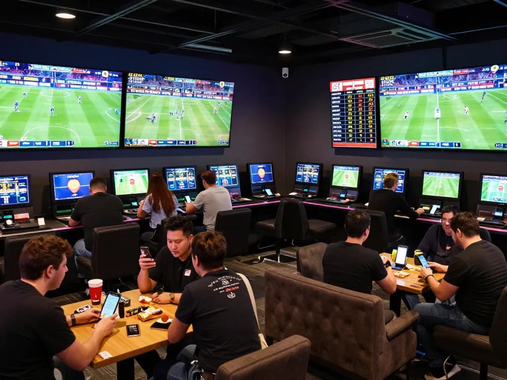 Engaged bettors analyzing odds for sports betting using Nhận định kèo, surrounded by screens displaying live matches