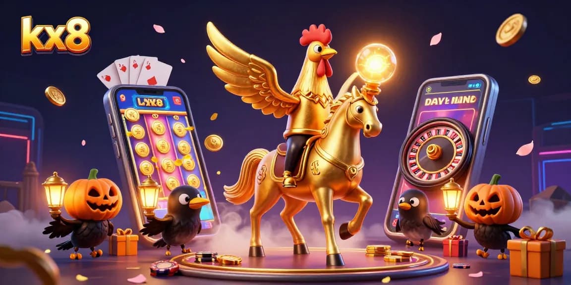 Experience thrilling kx8 gaming excitement with a golden rooster in a vibrant casino scene.