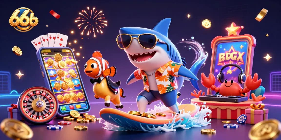 Engage with the thrilling rewards of 66b while a shark surfs on gold coins amidst a vibrant casino backdrop.