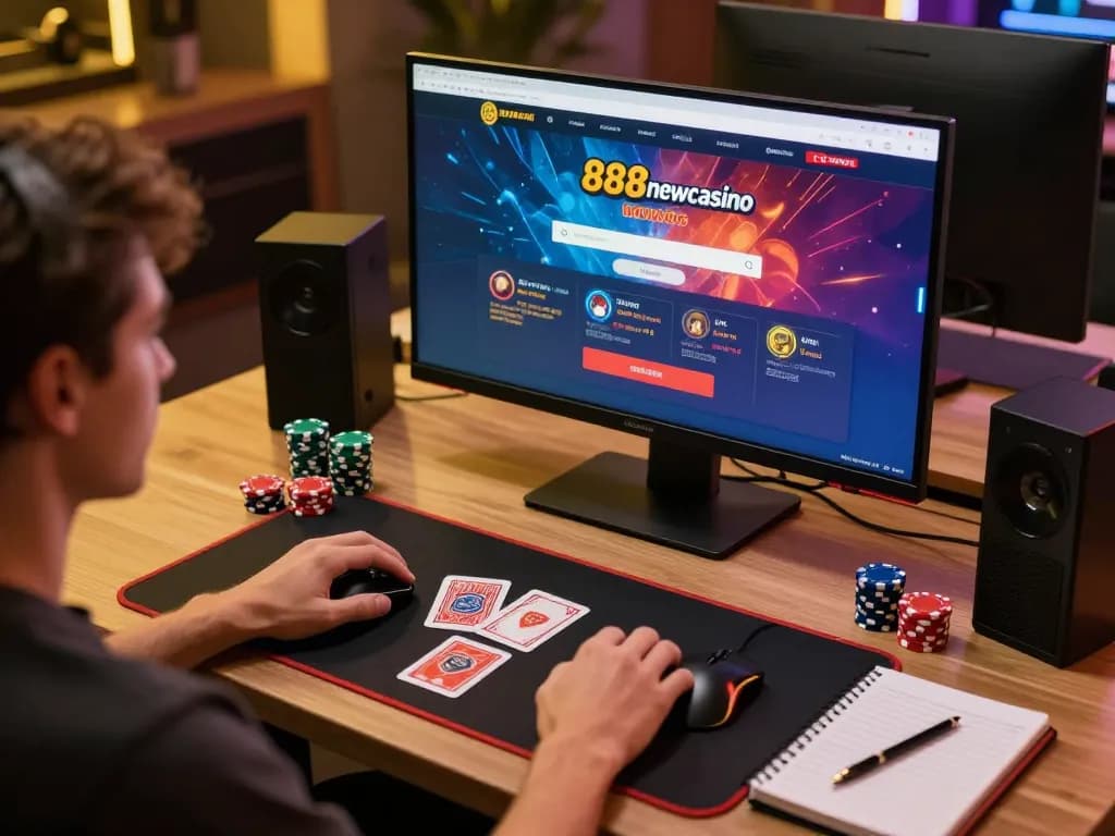 Player engaging with 888newcasino interface in a stylish gaming setup