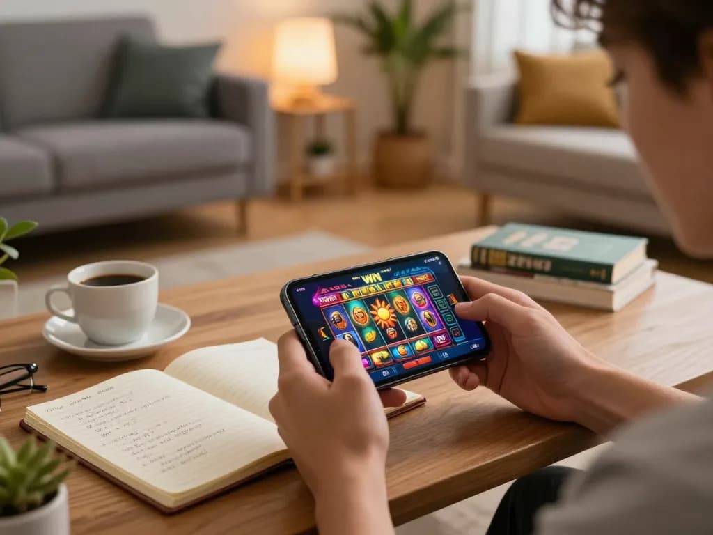 Engaging user playing sun win on mobile device at home in a cozy atmosphere, showcasing gaming strategy