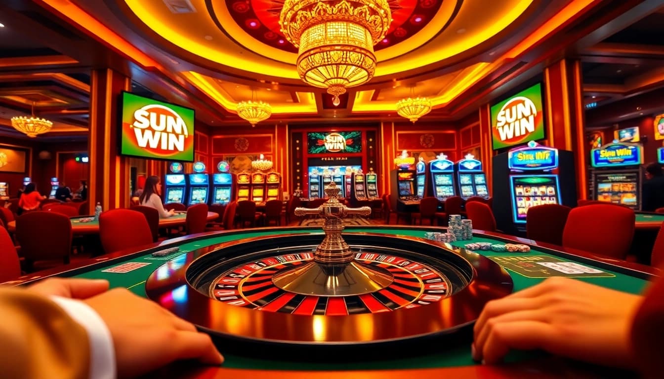 Experience the excitement of sun win at a luxurious casino with vibrant poker chips and roulette wheel.