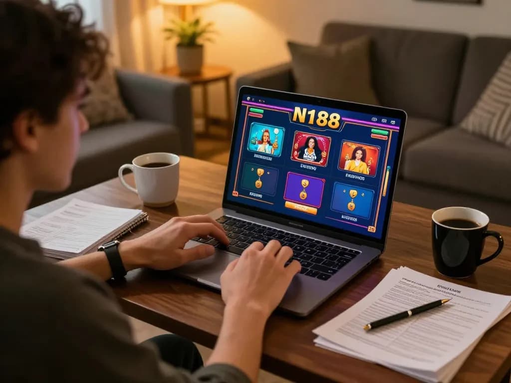 N188 game player enjoying online casino action at home, focusing on strategy and excitement.