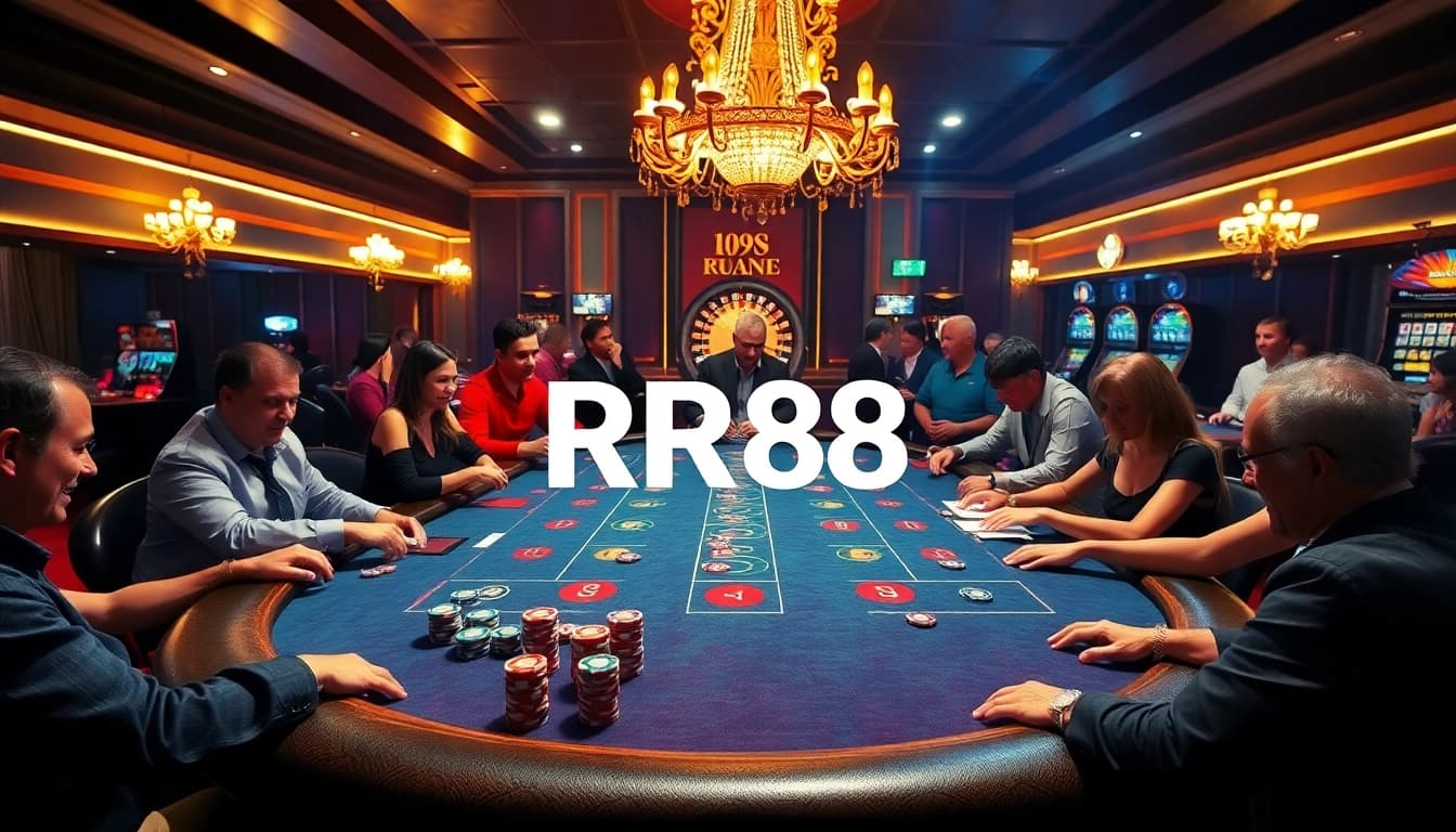 Players engage in a thrilling poker game at RR88's vibrant casino table.