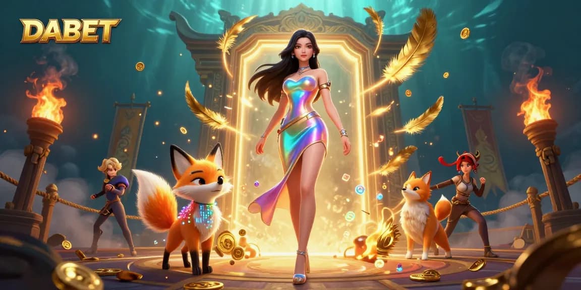 DABET casino game illustration featuring a vibrant woman in a holographic dress and a colorful digital fox.