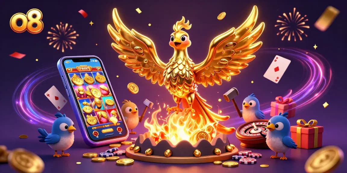 Bet on exciting games in O8 with a phoenix bursting forth gold coins and vibrant casino elements all around.