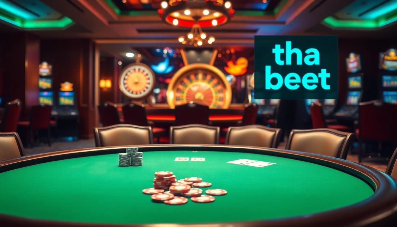 Experience thrilling gaming with tha bet at a vibrant casino featuring poker tables and slot machines.