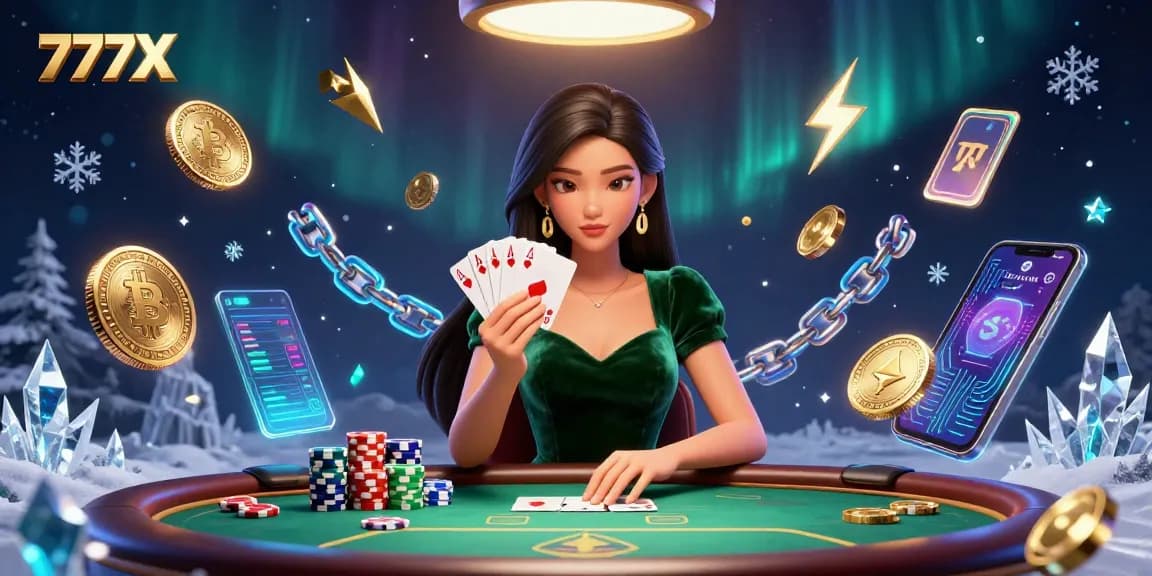 Experience the excitement of 777X with a stunning Asian woman at a poker table, surrounded by vibrant cryptocurrency elements.