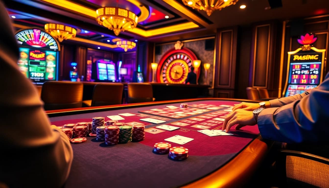Poker table scene filled with chips and cards, showcasing MK8 strategies in a luxury casino.