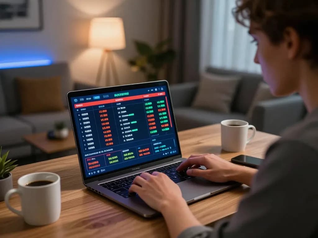 Engaged player strategizing with top 10 nhà cái uy tín betting odds on laptop screen in modern home office.