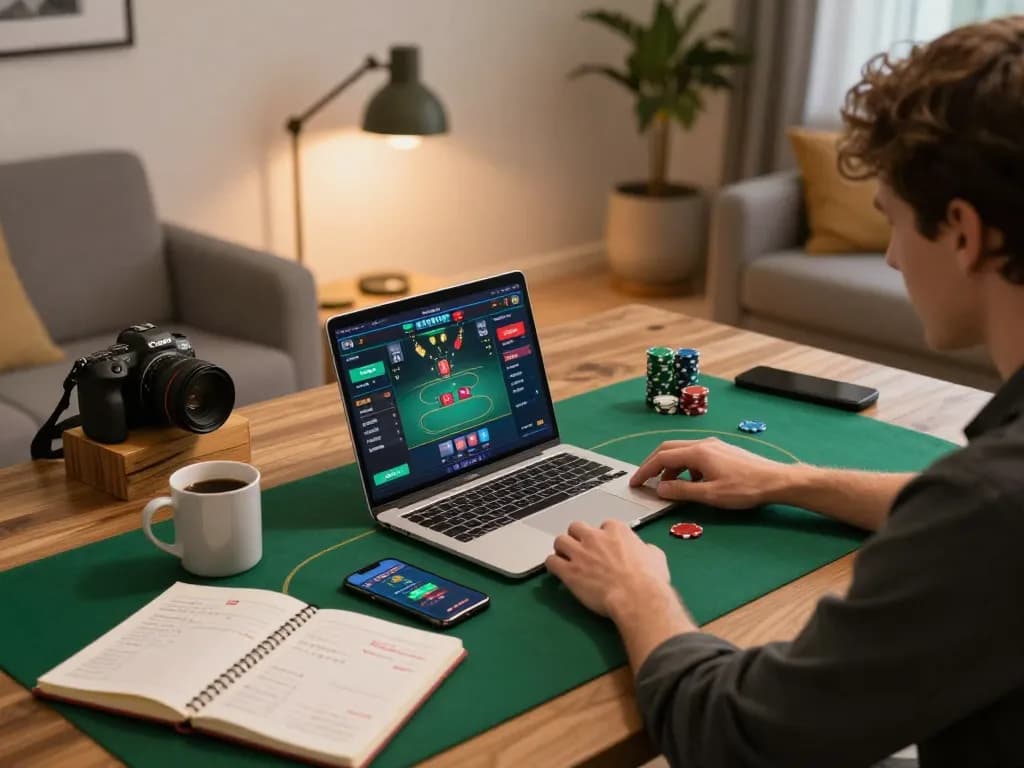 Bayvip player engaging with a poker game on a laptop showcasing strategic gameplay in a cozy home setting