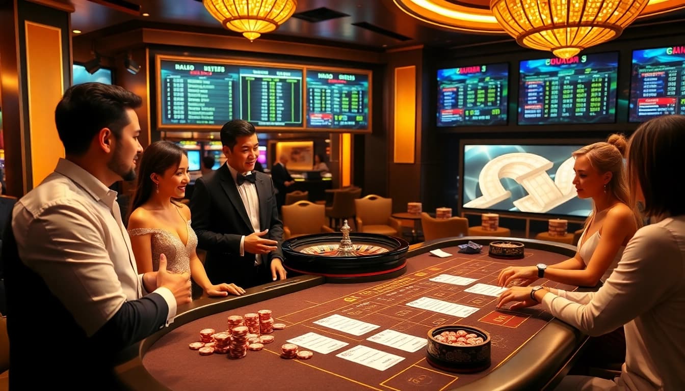 Excited players assess tỷ lệ kèo nhà cái at a luxurious casino gambling table.