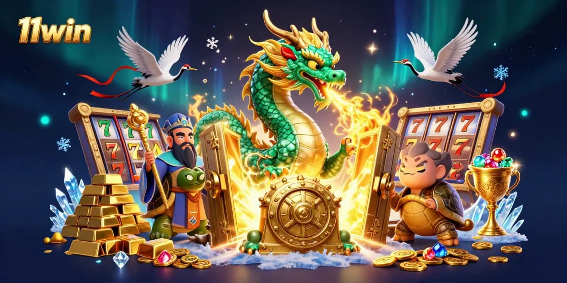 Spin and win with 11win featuring a jade dragon and lucky symbols in a vibrant casino scene.