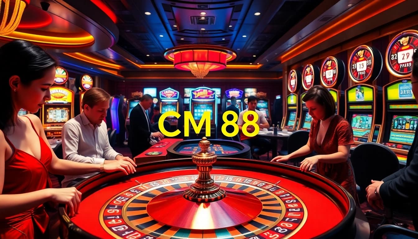 Exciting casino scene with CM 88 logo, roulette table, and players placing bets.