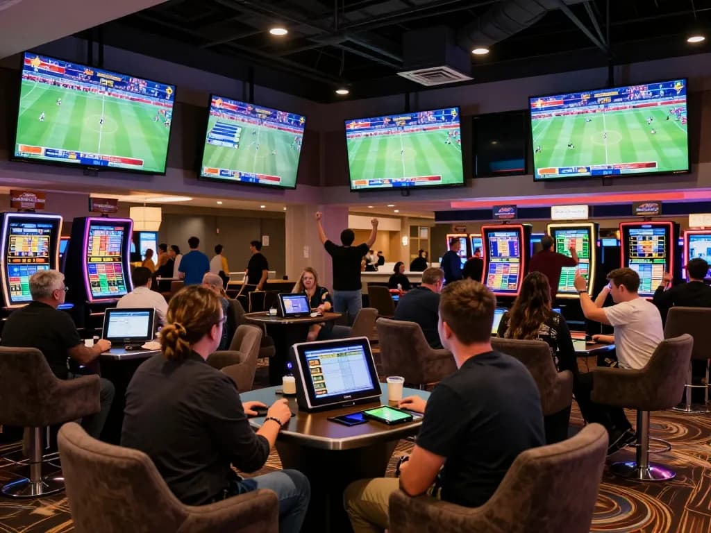 Tylekeonhacai88 bettors analyzing odds in a vibrant sports betting area, surrounded by high-tech screens.