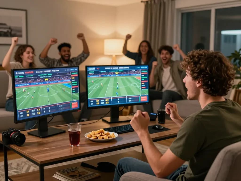 Socolive user engaging in live sports betting at home with multiple screens showing real-time odds.