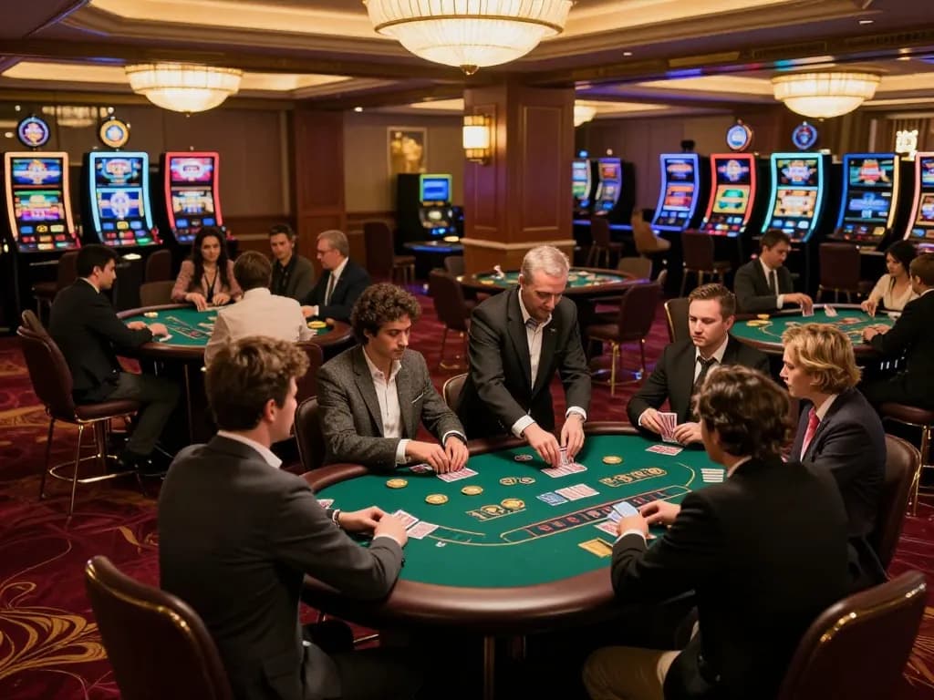 F168 players engaging in high-stakes poker at a vibrant casino, showcasing intense gameplay.