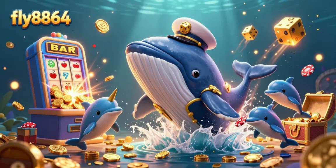 Engage with fly8864’s vibrant casino atmosphere, featuring a whale, narwhal, and dolphins amidst joyful gambling activities.